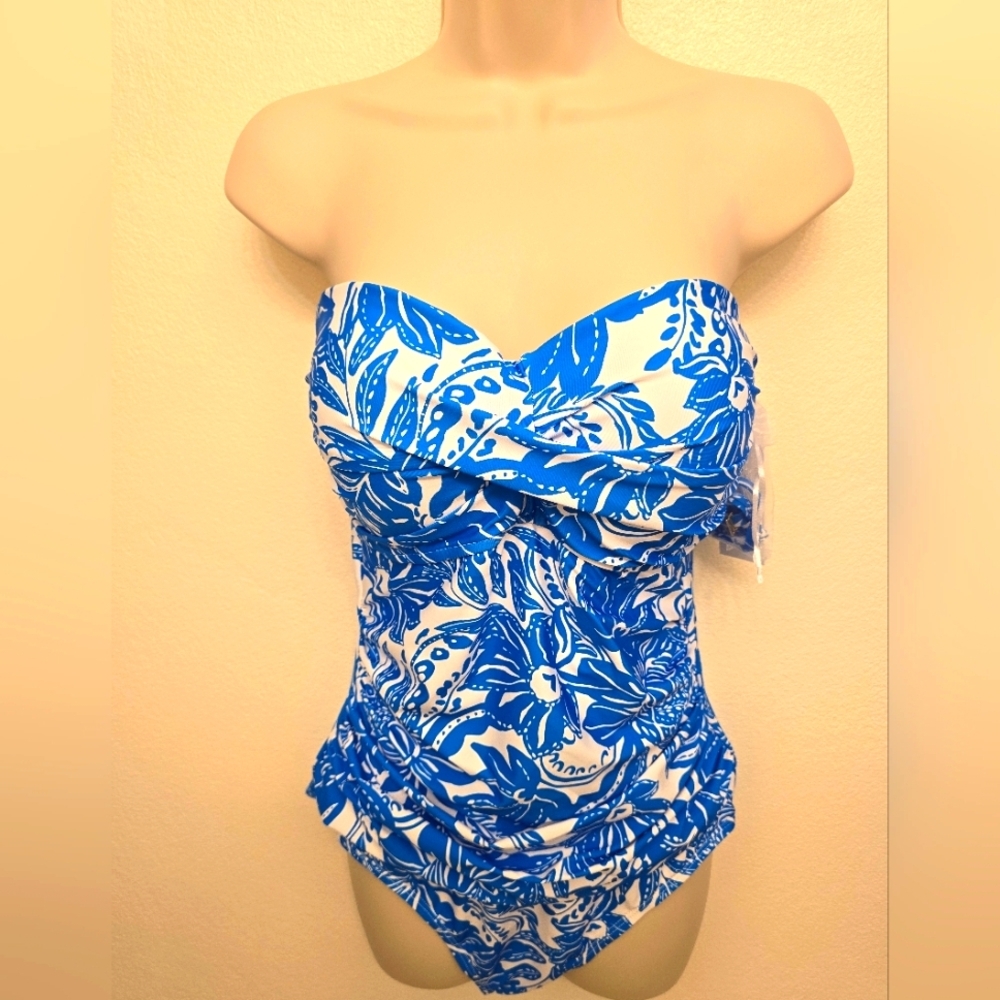 NWT Anne Cole Bright Blue and White Floral One Piece Swimsuit